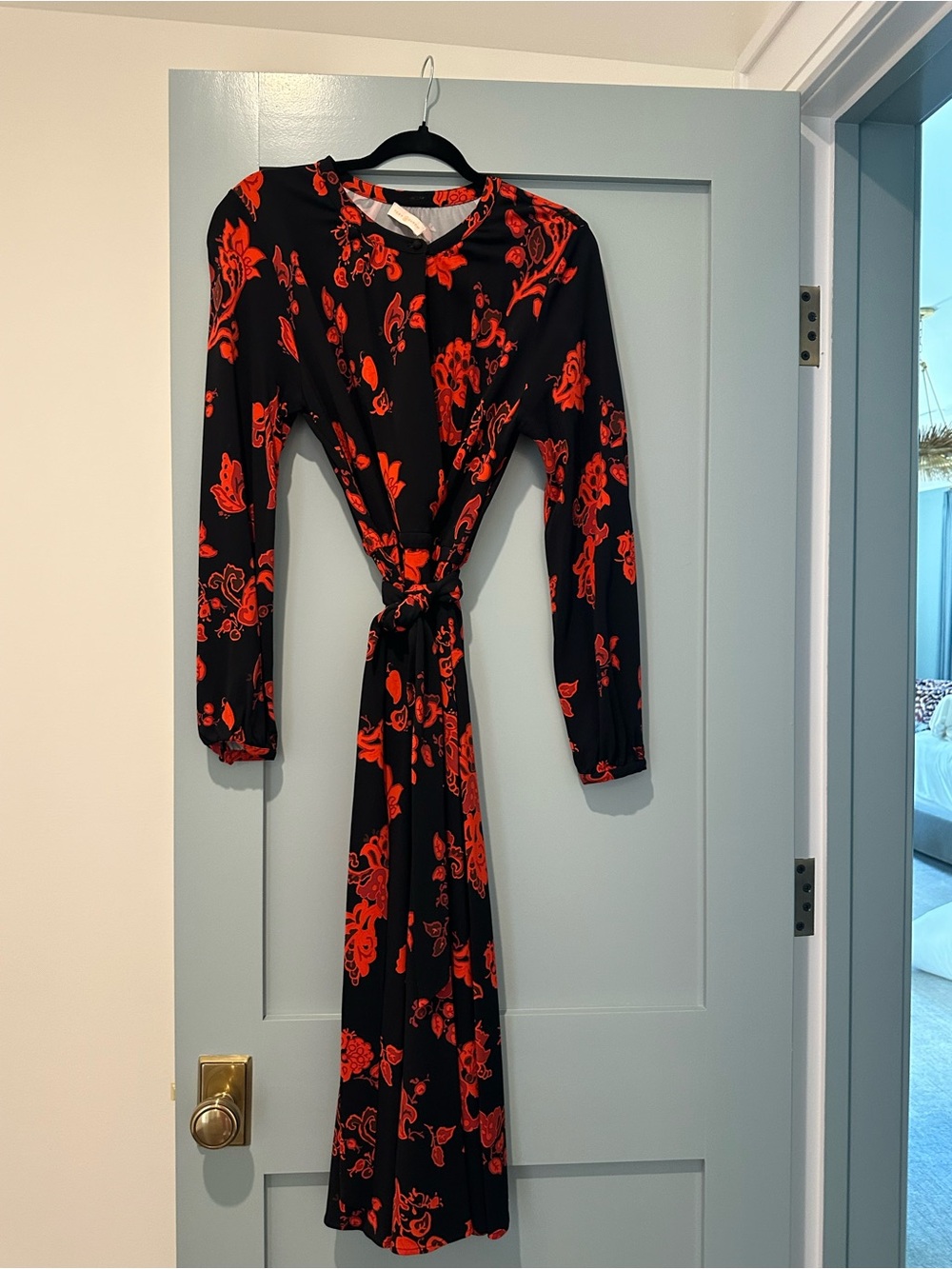 Tory Burch Black Maxi Dress with Red Floral Print and Waist Tie
